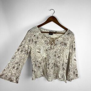 Vintage Y2k Cream Floral Babydoll Flare Sleeve Cotton Top Large Boho Hippie